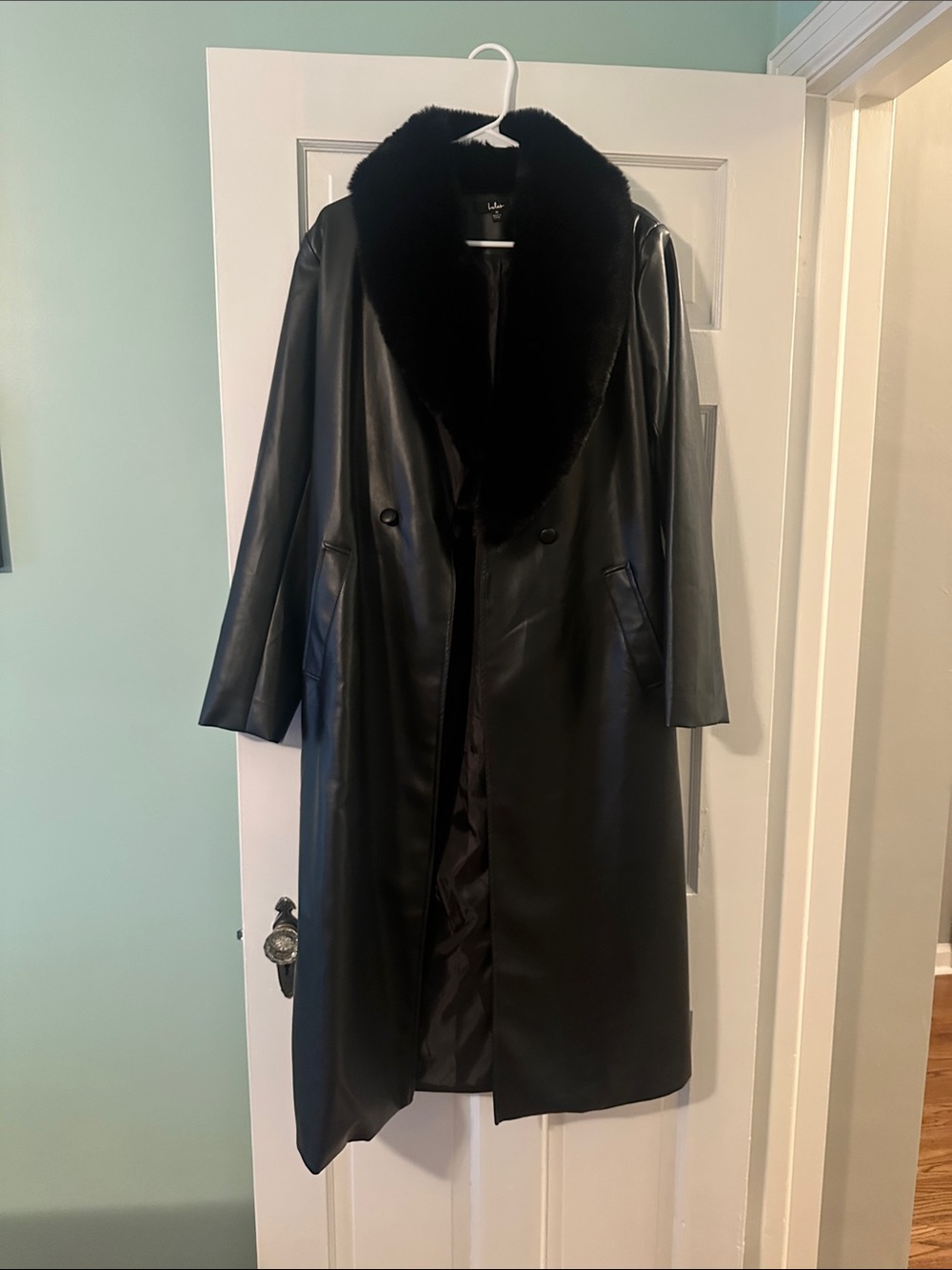 Lulu's Black Faux Leather Trench Coat with Plush Fur Collar